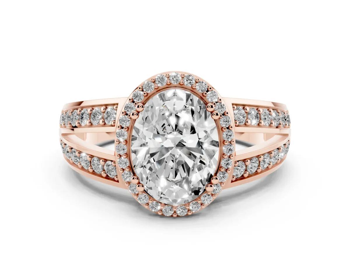 Oval Cut Diamond Halo Ring with Split Shank Pavé Band and Four-Prong Setting Rose gold