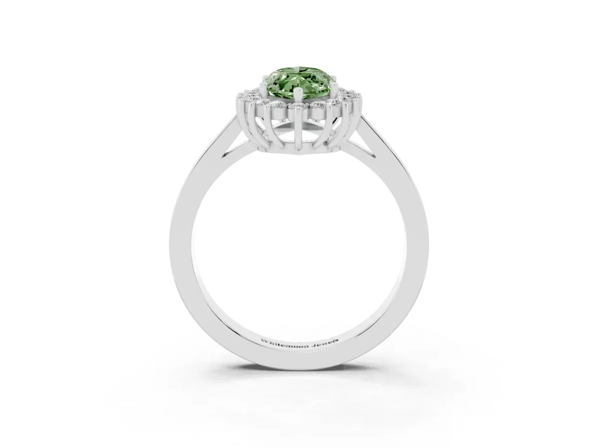 Fancy Green Marquise Cut Cut Diamond Halo Ring with Round Brilliant Halo and Solitaire Band White gold