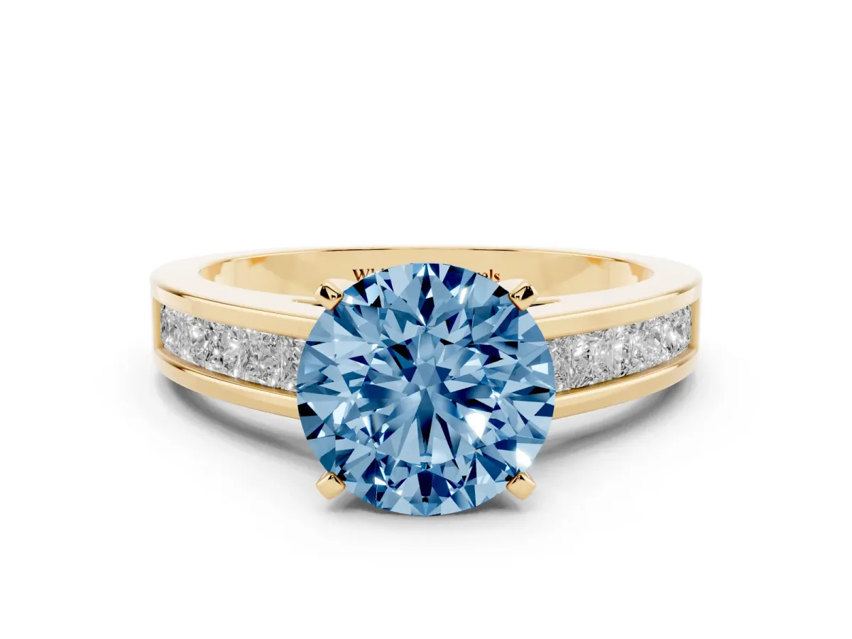 Fancy Blue Round Cut Solitaire Diamond Ring with Channel-Set Band and Four-Prong Setting Yellow gold