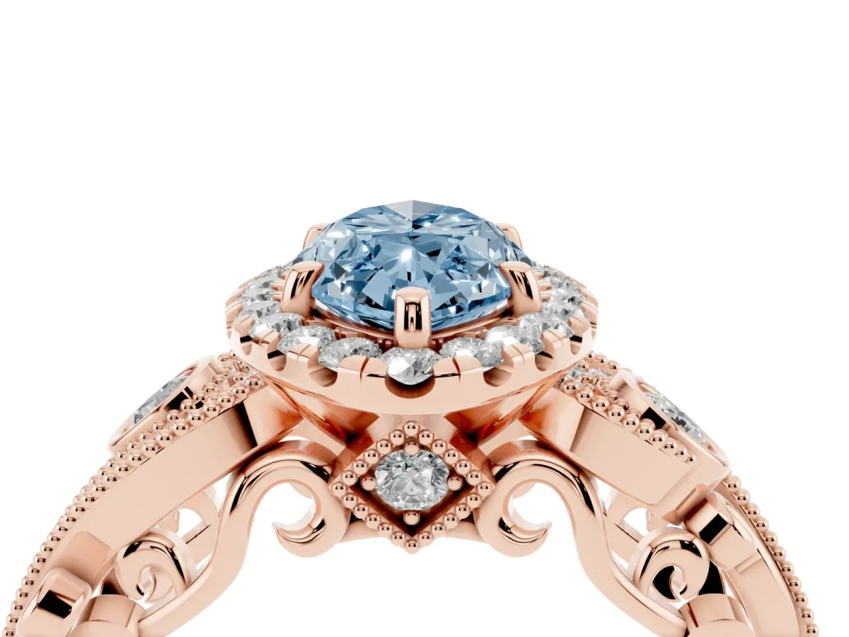 Fancy Blue Marquise Cut Halo Diamond Ring with Milgrain and Bezel Accents on a Split Shank Band Rose gold