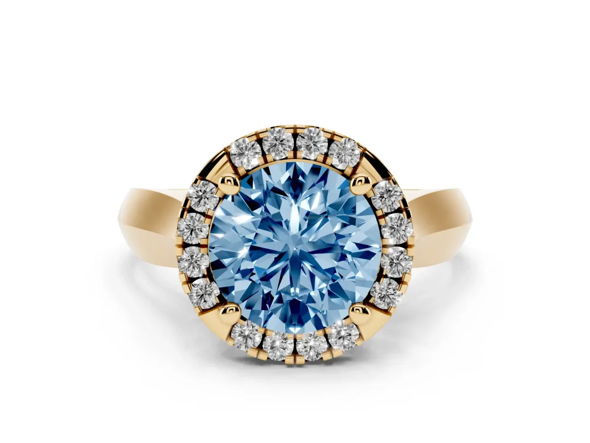 Fancy Blue Round Cut Cut Halo Solitaire Engagement Ring with Square Band and Four-Prong Setting Yellow gold