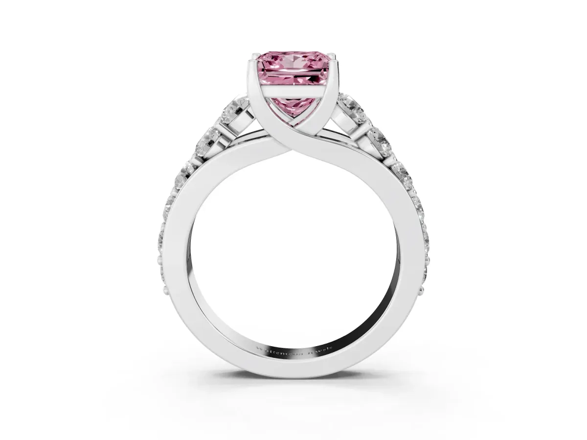 Fancy Pink Princess Cut Diamond Engagement Ring with Pavé Band and Four-Prong Setting Platinum