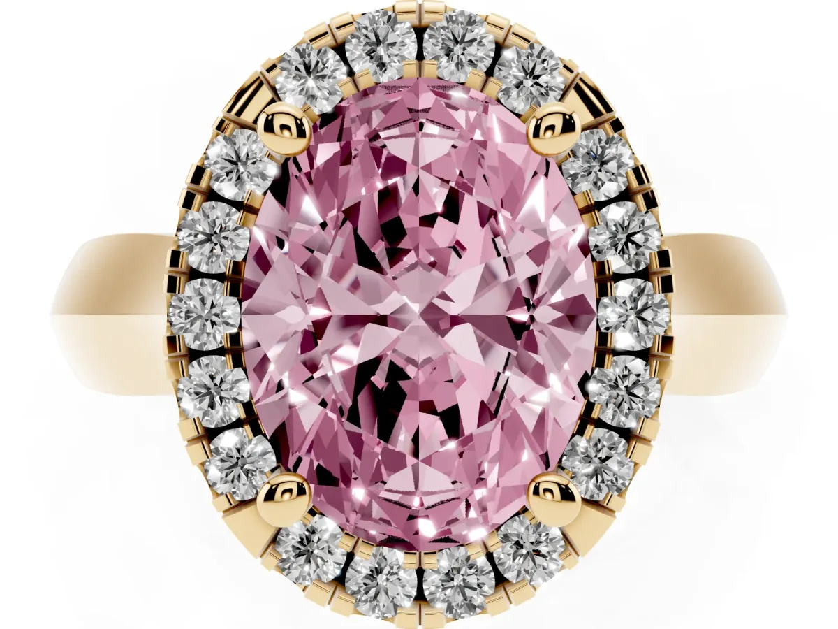 Fancy Pink Oval Cut Cut Halo Solitaire Engagement Ring with Square Band and Four-Prong Setting Yellow gold
