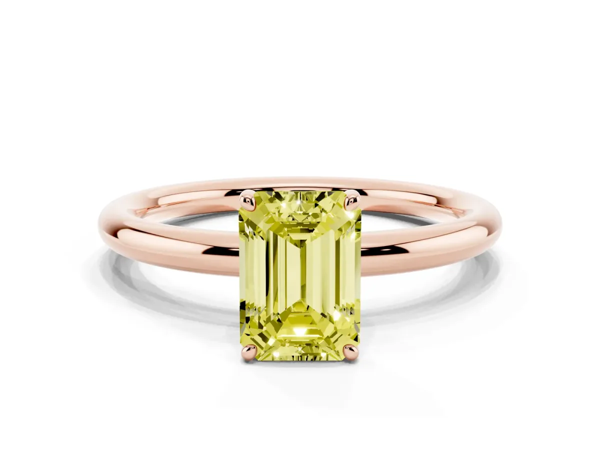 Fancy Yellow Emerald Cut Solitaire Diamond Ring with Four-Prong Setting on a Plain Band Rose gold
