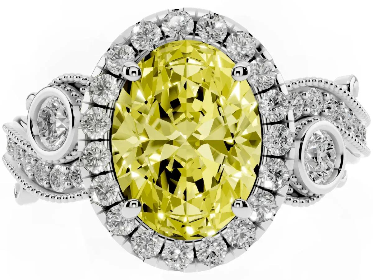 Fancy Yellow Oval Cut Halo Diamond Ring with Milgrain and Bezel Accents on a Split Shank Band Platinum