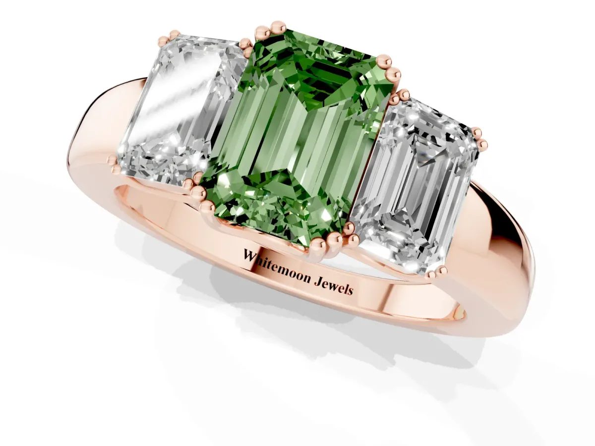 Fancy Green Three-Stone Emerald Cut Cut Diamond Ring with Channel Set Band and Four-Prong Setting Rose gold