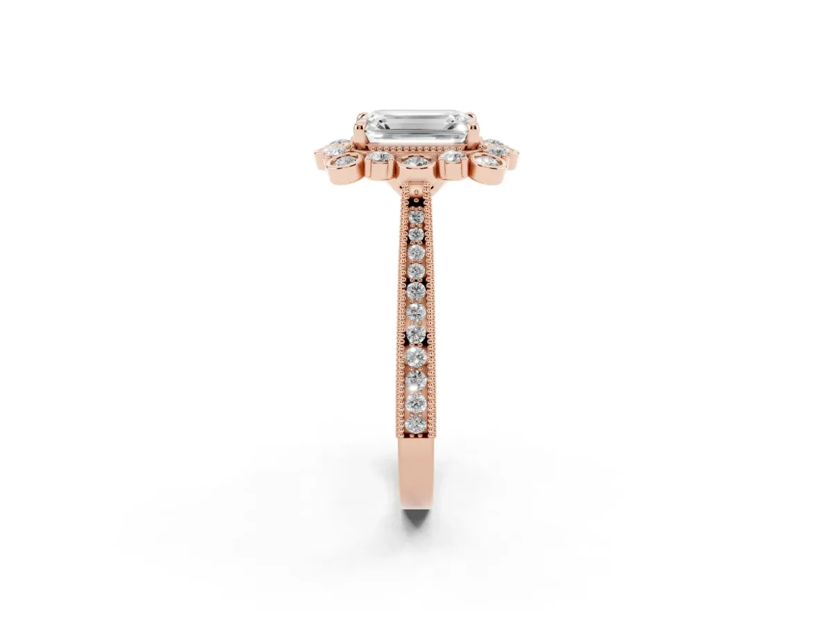 Emerald Cut Halo Milgrain Pave Diamond Ring with Four-Prong Setting Rose gold