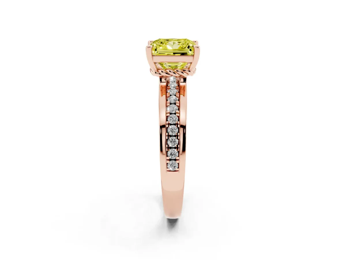 Fancy Yellow Princess Cut Solitaire Diamond Ring with Channel Set Band and Six-Prong Setting Rose gold