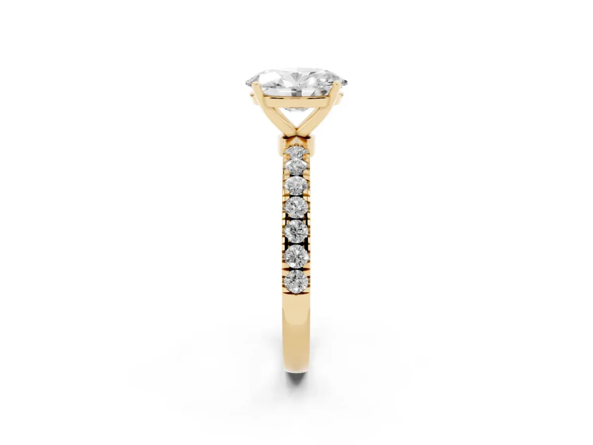 Oval Cut Diamond Solitaire Ring with Pavé Accents and Four-Prong Setting Yellow gold