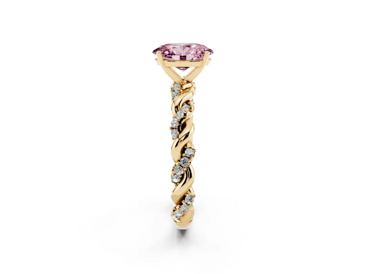 Fancy Pink Oval Cut Diamond Solitaire Ring with Twisted Band and Pavé Accents Yellow gold