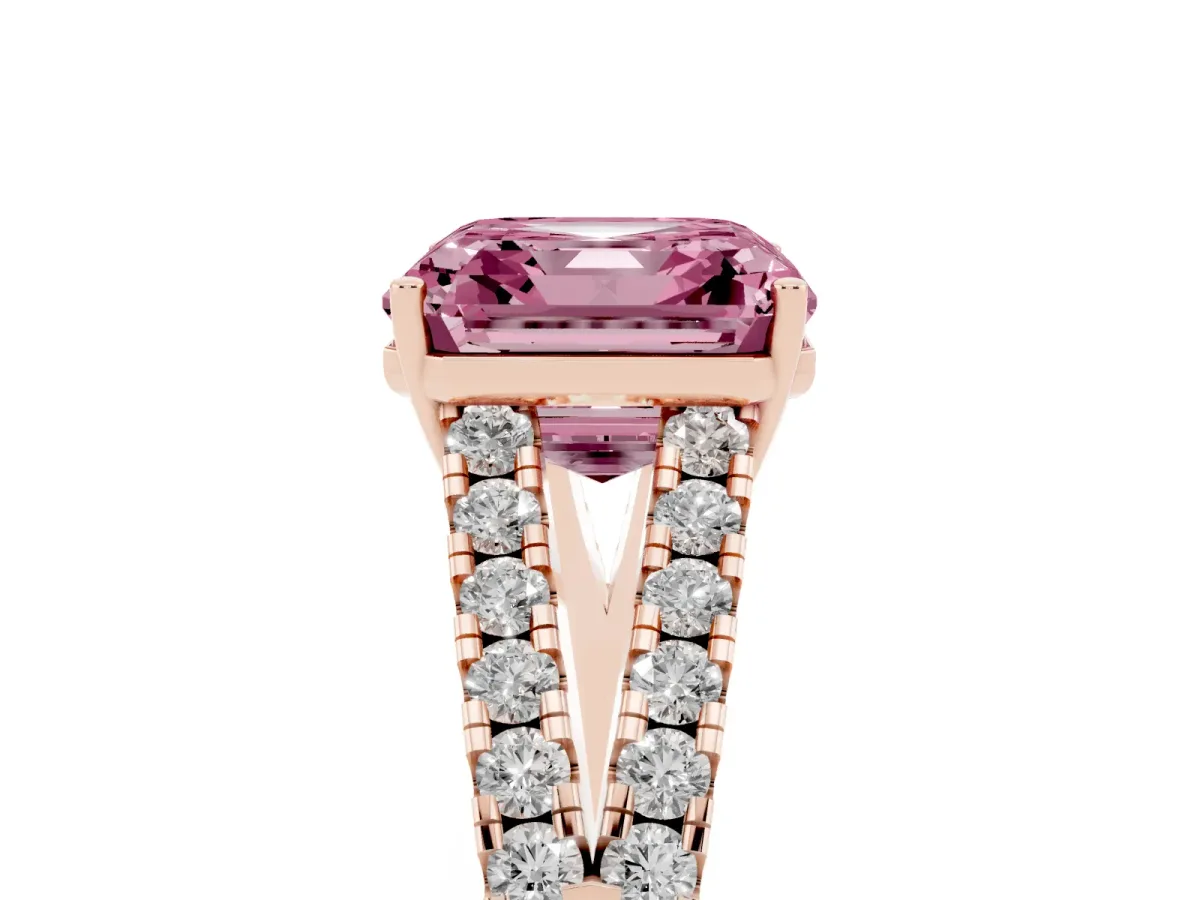 Fancy Pink Asscher Cut Diamond Split Shank Engagement Ring with Round Pavé and Prong Setting Rose gold