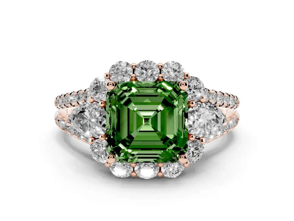 Fancy Green Asscher Cut Halo Split Shank Diamond Engagement Ring with Prong Setting Rose gold