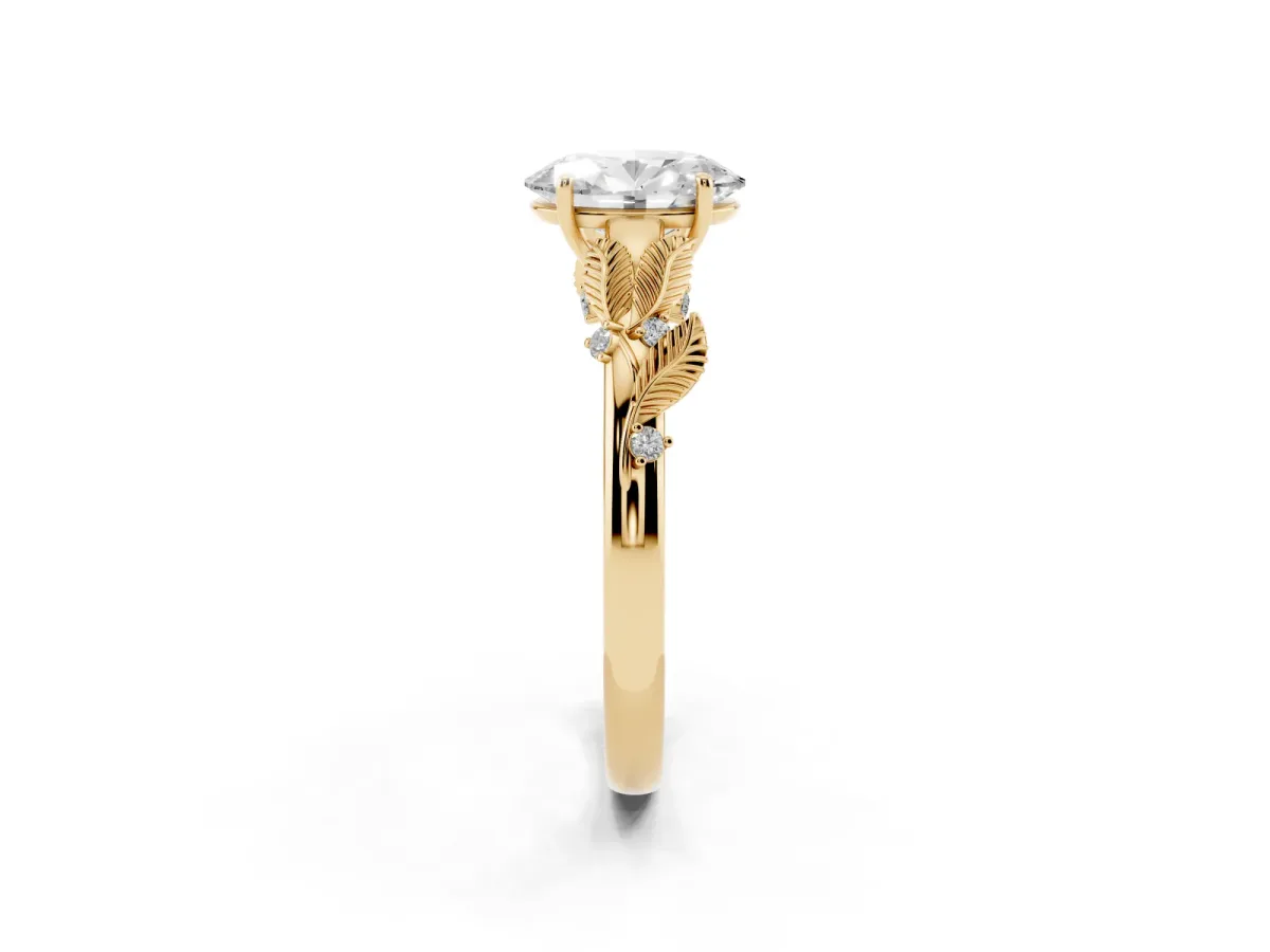 Oval Cut Diamond Solitaire Ring with Leaf Motif Band and Four-Prong Setting Yellow gold