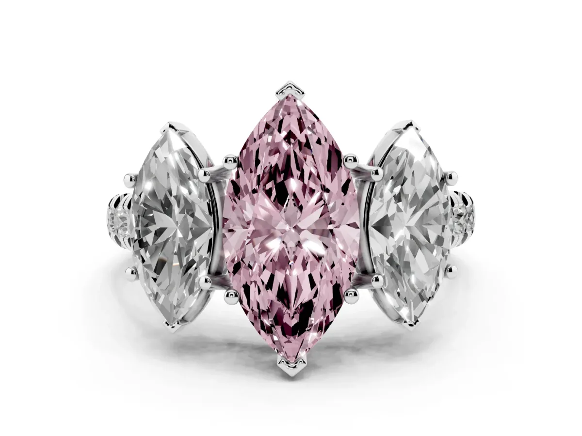 Fancy Pink Three-Stone Marquise Cut Diamond Pavé Band with Prong Setting Platinum