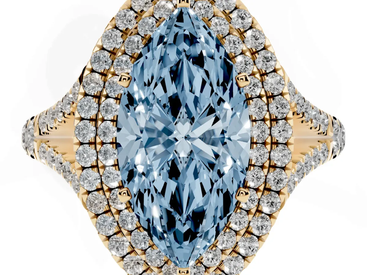 Fancy Blue Marquise Cut Diamond Pavé Split Shank Double Halo Engagement Ring Yellow gold