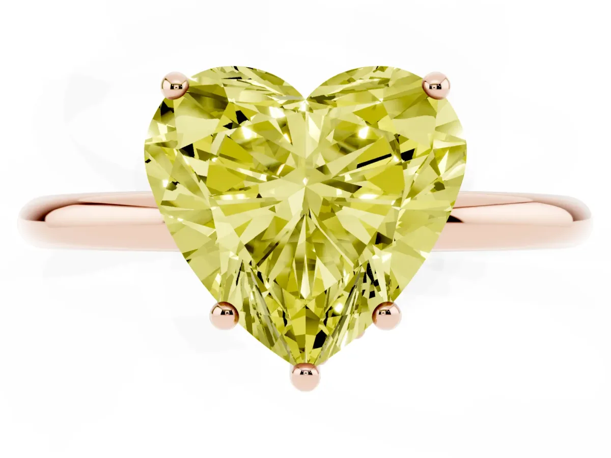 Fancy Yellow Heart Cut Solitaire Diamond Ring with a Classic Band and Four-Prong Setting Rose gold