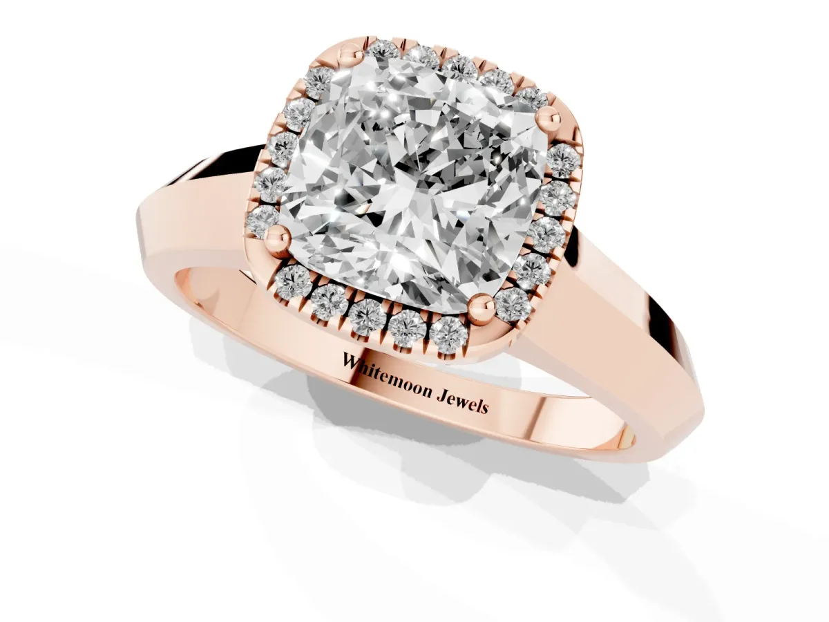 Cushion Cut Halo Diamond Ring with Cathedral Band and Four-Prong Setting Rose gold