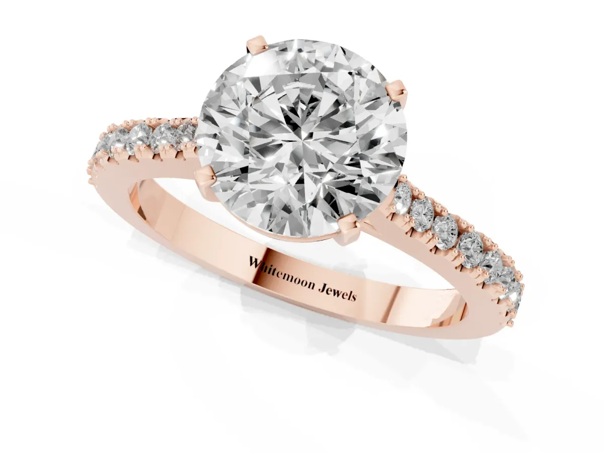 Round Cut Cut Solitaire Diamond Engagement Ring with Pave Band and Four-Prong Setting Rose gold