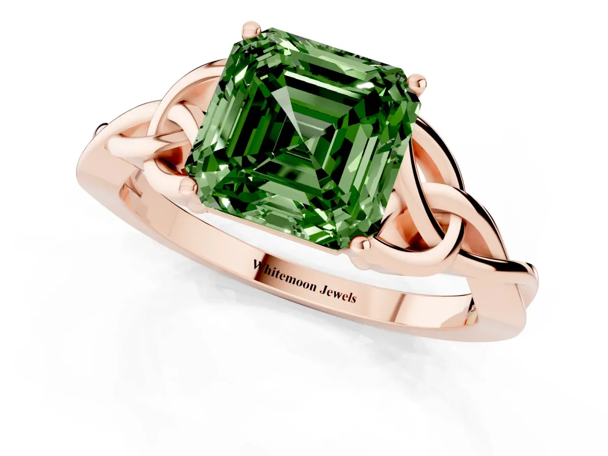 Fancy Green Asscher Cut Diamond Solitaire Engagement Ring with Celtic Knot Band and Four-Prong Setting Rose gold