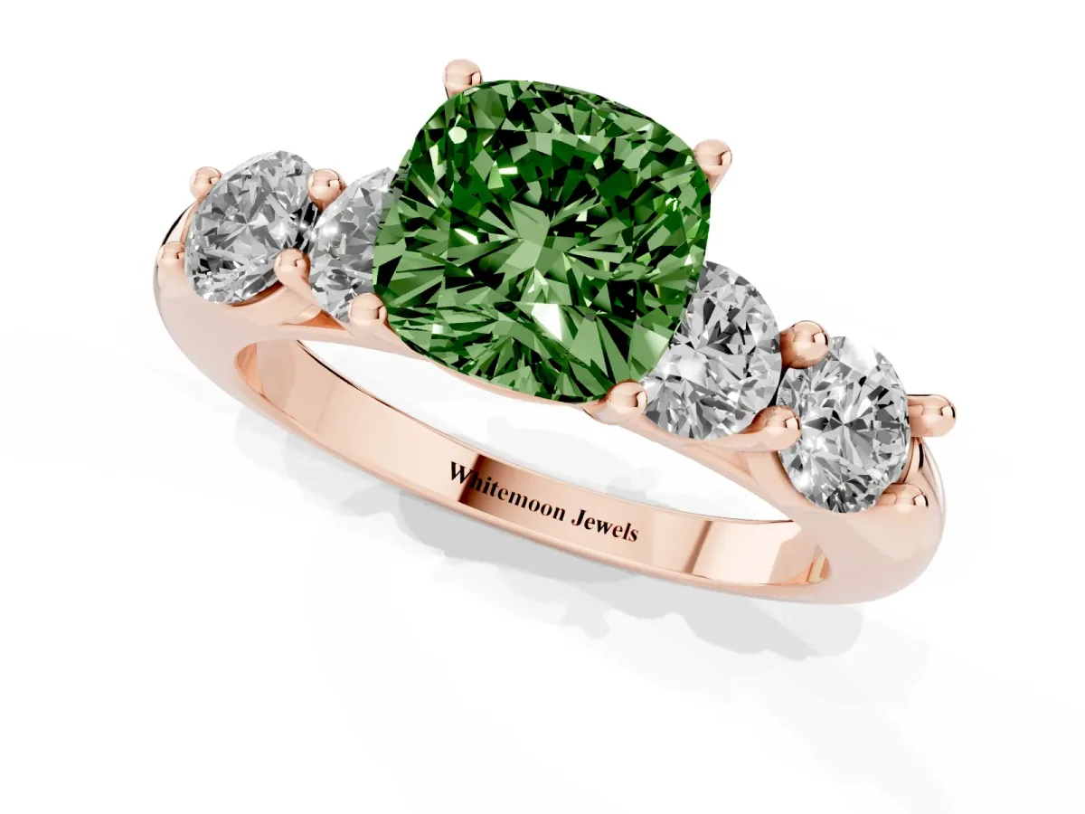 Fancy Green Cushion Cut Cut Five-Stone Prong Set Diamond Ring with Classic Band Rose gold