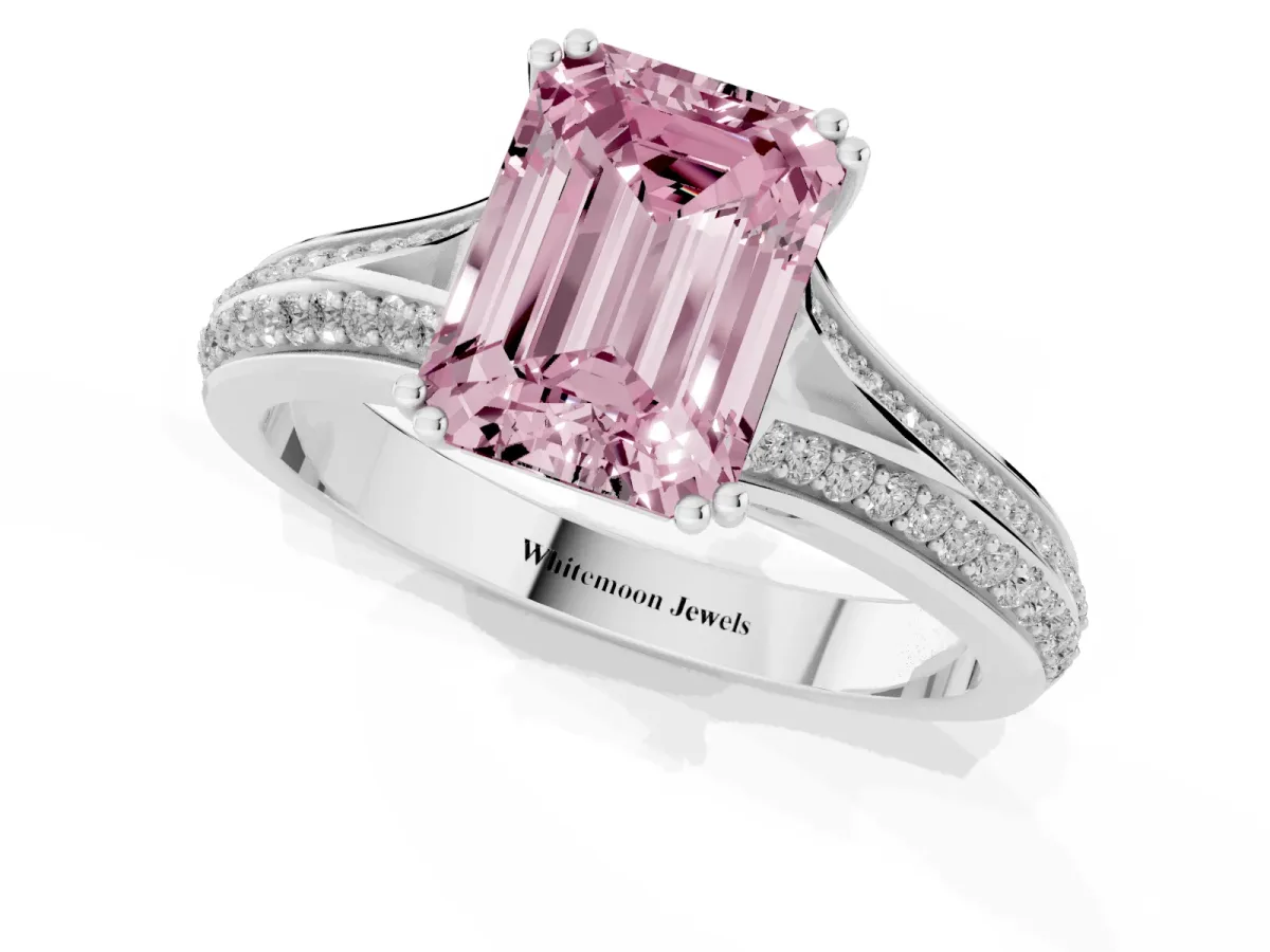 Fancy Pink Emerald Cut Diamond Split Shank Engagement Ring with Pavé Band Platinum