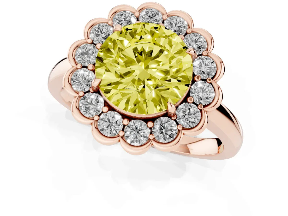 Fancy Yellow Round Cut Halo Cluster Diamond Engagement Ring with Solitaire Band and Prong Setting Rose gold