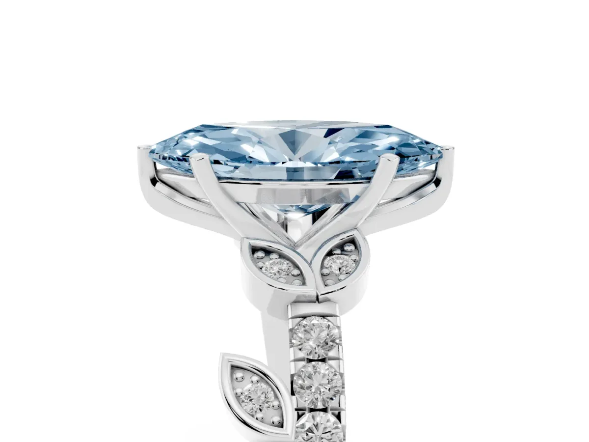 Fancy Blue Marquise Cut Solitaire Leaf-Inspired Diamond Ring with Pavé Band and Four-Prong Setting Silver
