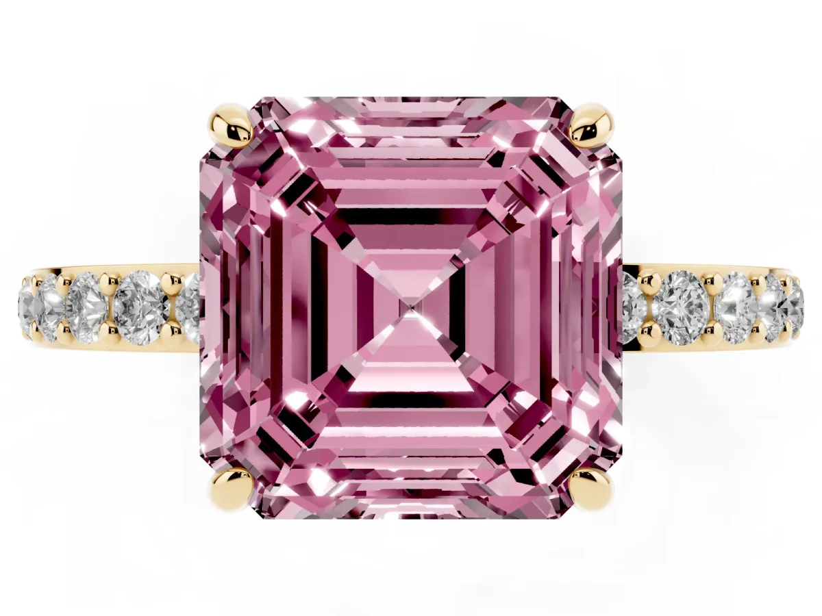 Fancy Pink Asscher Cut Diamond Solitaire Engagement Ring with Pavé Band and Four-Prong Setting Yellow gold