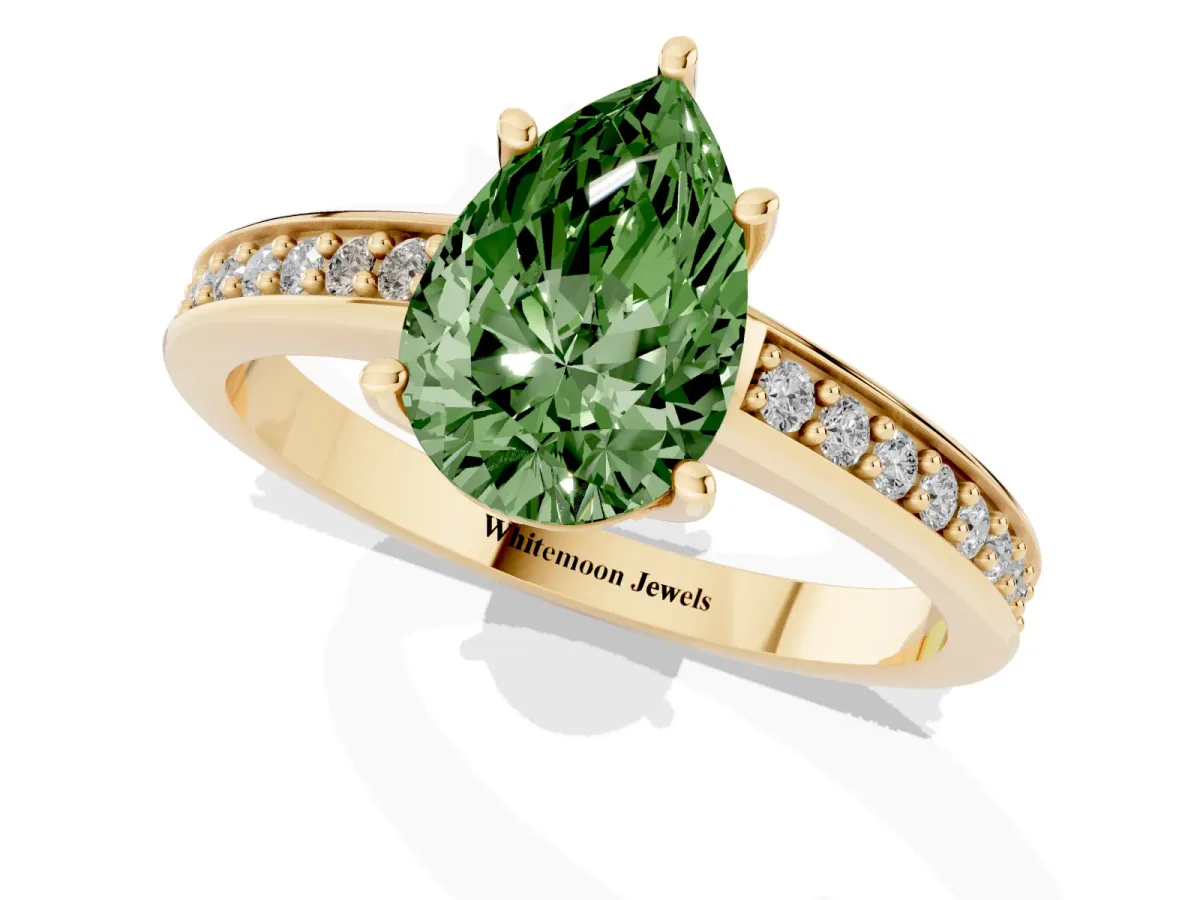 Fancy Green Pear Cut Solitaire Pavé Band Prong Setting Ring Yellow gold