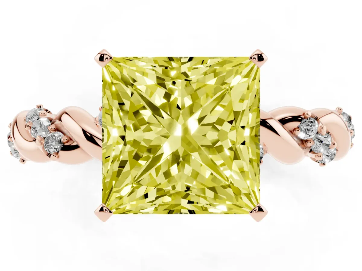 Fancy Yellow Princess Cut Diamond Solitaire Ring with Twisted Band and Pavé Accents Rose gold