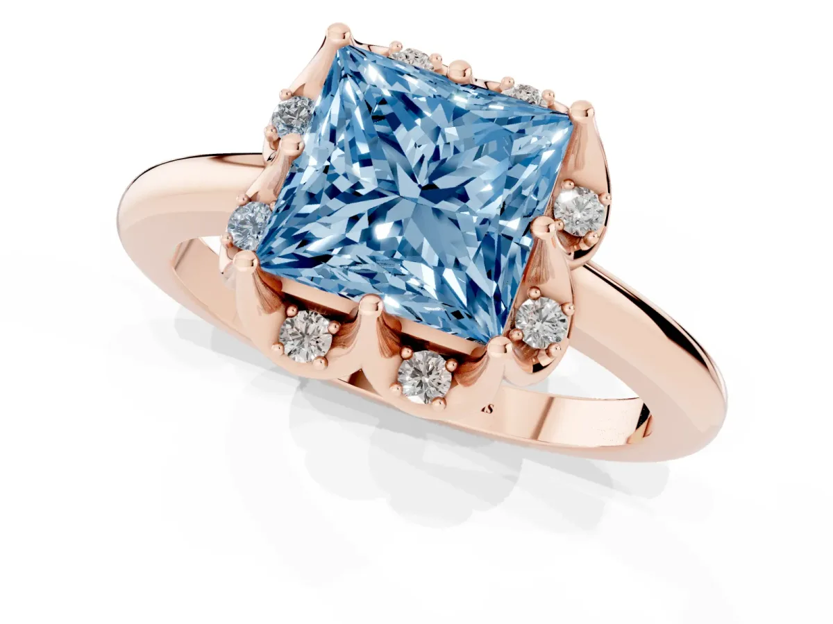 Fancy Blue Princess Cut Halo Diamond Ring with Round Cluster Setting, Solitaire Band, and Four-Prong Setting Rose gold