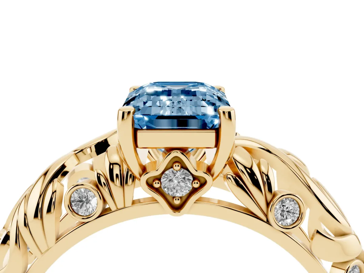 Fancy Blue Emerald Cut Solitaire Diamond Leaf-Inspired Vine Band Ring with Prong Setting Yellow gold