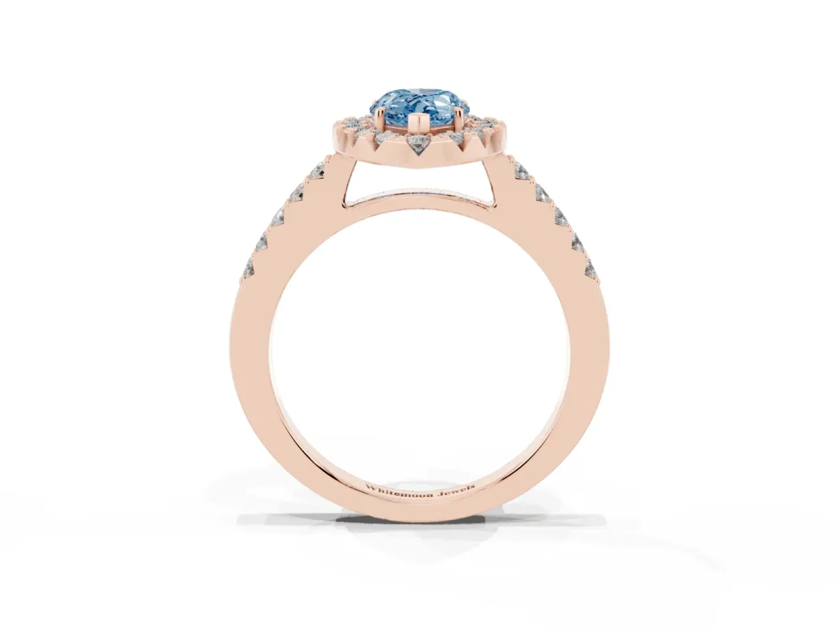 Fancy Blue Pear Cut Halo Diamond Pavé Solitaire Ring Rose gold
