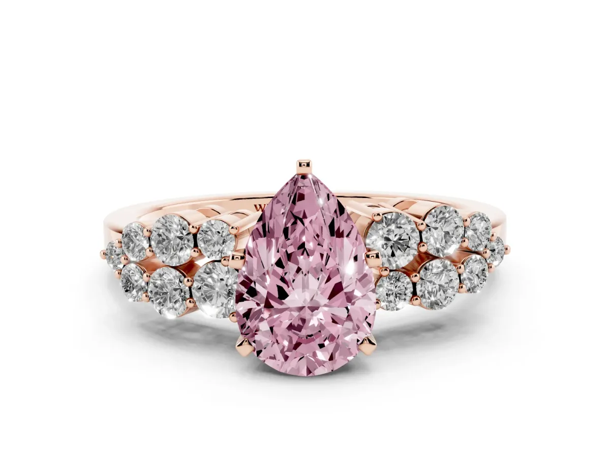 Fancy Pink Pear Cut Cluster Diamond Engagement Ring with Pavé Band and Four-Prong Setting Rose gold