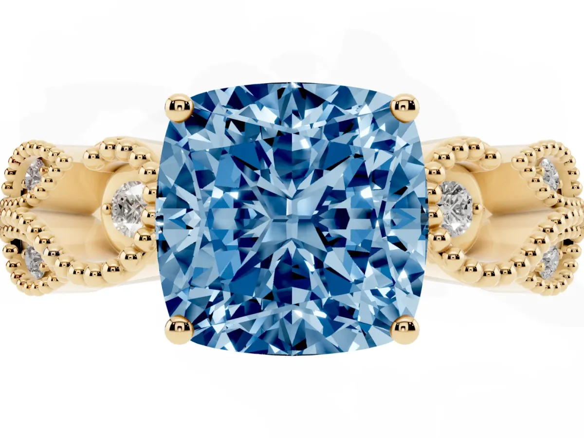 Fancy Blue Cushion Cut Solitaire Milgrain Leaf Band with Prong Setting Yellow gold