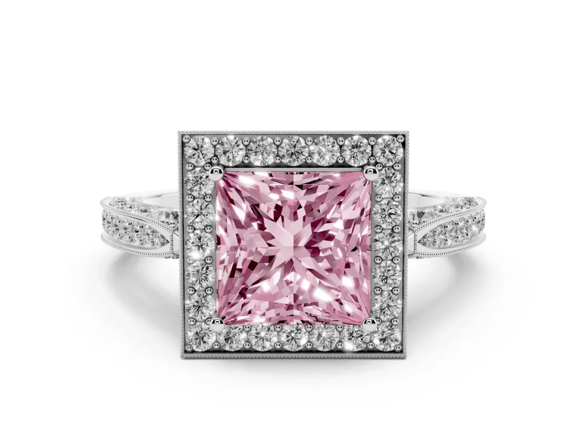 Fancy Pink Princess Cut Halo Diamond Engagement Ring with Split Shank Band and Four-Prong Setting Silver