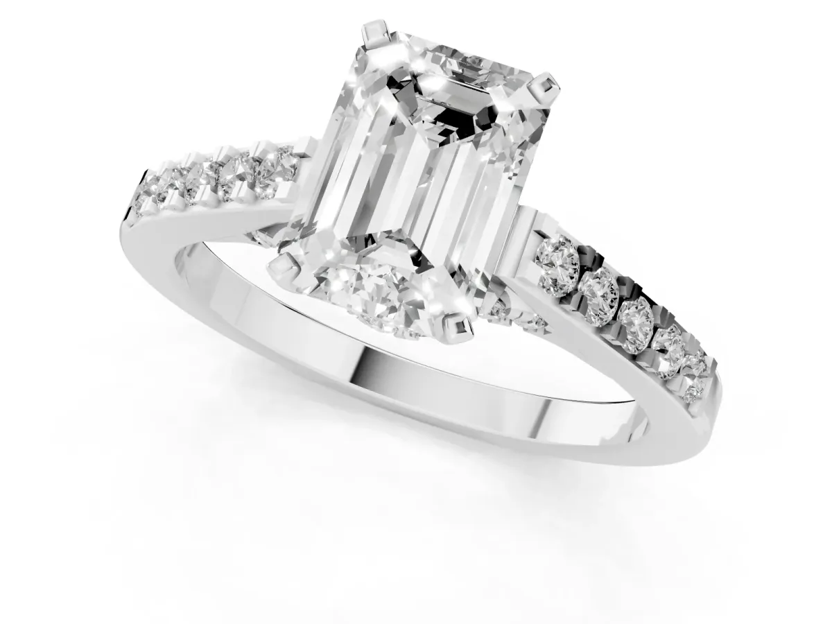Emerald Cut Diamond Solitaire Ring with Crossover Gallery and Round Pavé Band White gold