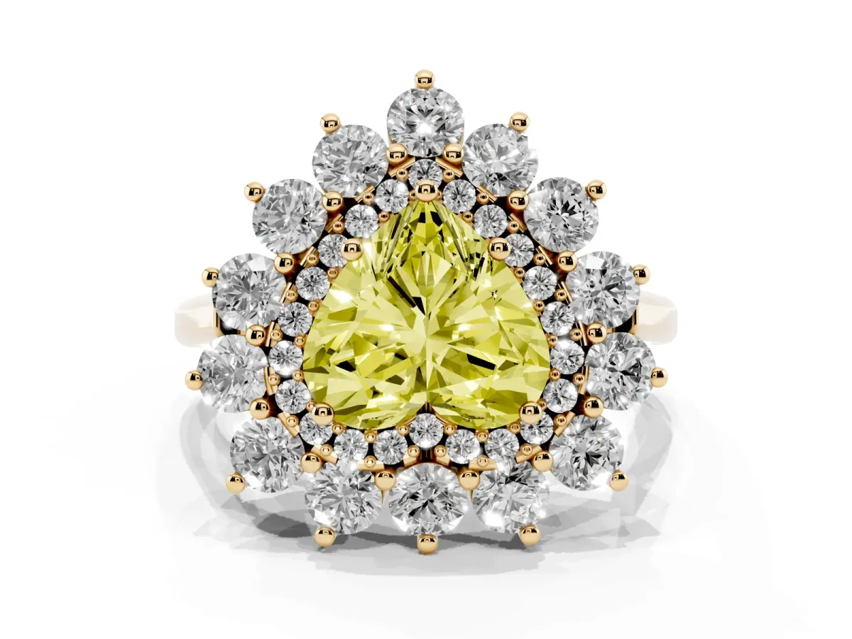 Fancy Yellow Heart Cut Diamond Floral Double Halo Engagement Ring with Prong Setting Yellow gold