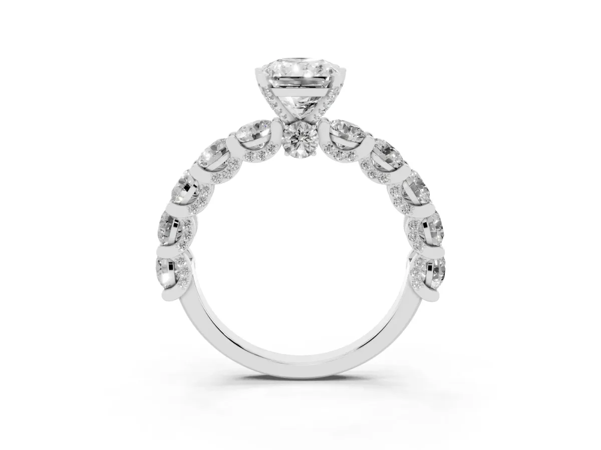 Radiant Cut Diamond Side Stone Engagement Ring with Four-Prong Setting Silver