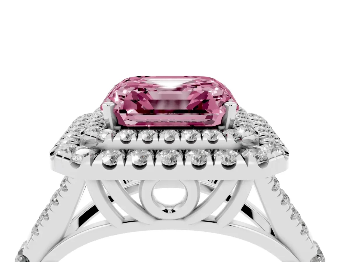 Fancy Pink Asscher Cut Cut Double Halo Split Shank Diamond Ring with Prong Setting Platinum