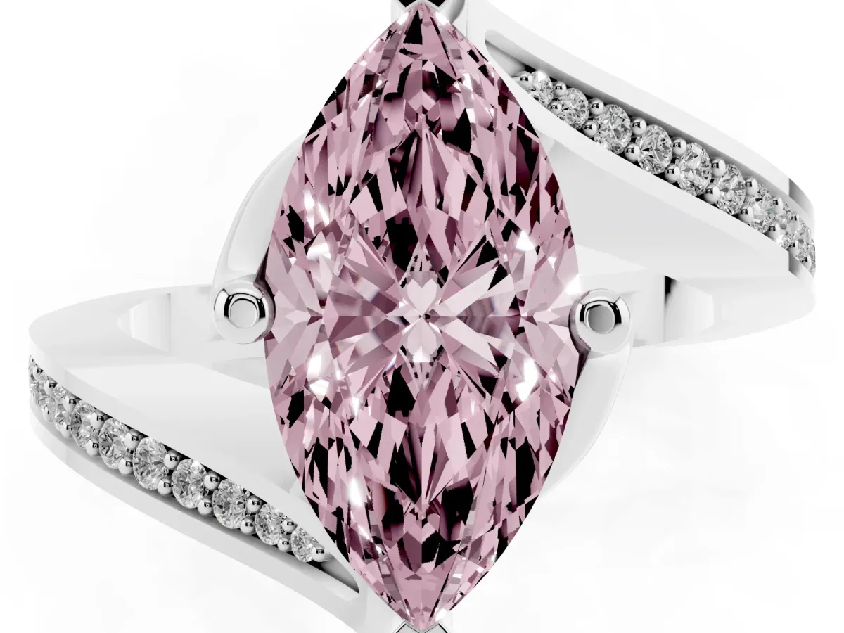 Fancy Pink Marquise Cut Solitaire Diamond Twist Band with Pavé Setting and Four-Prong Setting Platinum