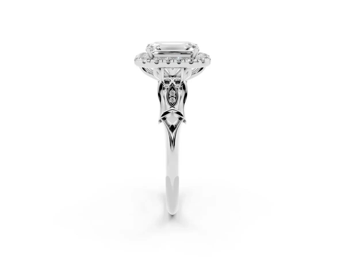 Emerald Cut Halo Diamond Engagement Ring with Filigree Band and Four-Prong Setting Platinum