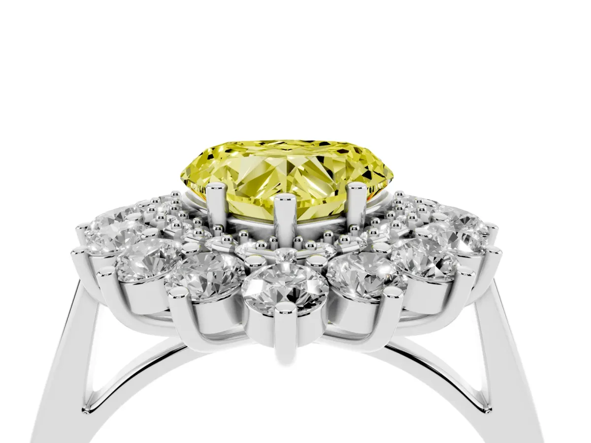 Fancy Yellow Heart Cut Diamond Floral Double Halo Engagement Ring with Prong Setting Silver