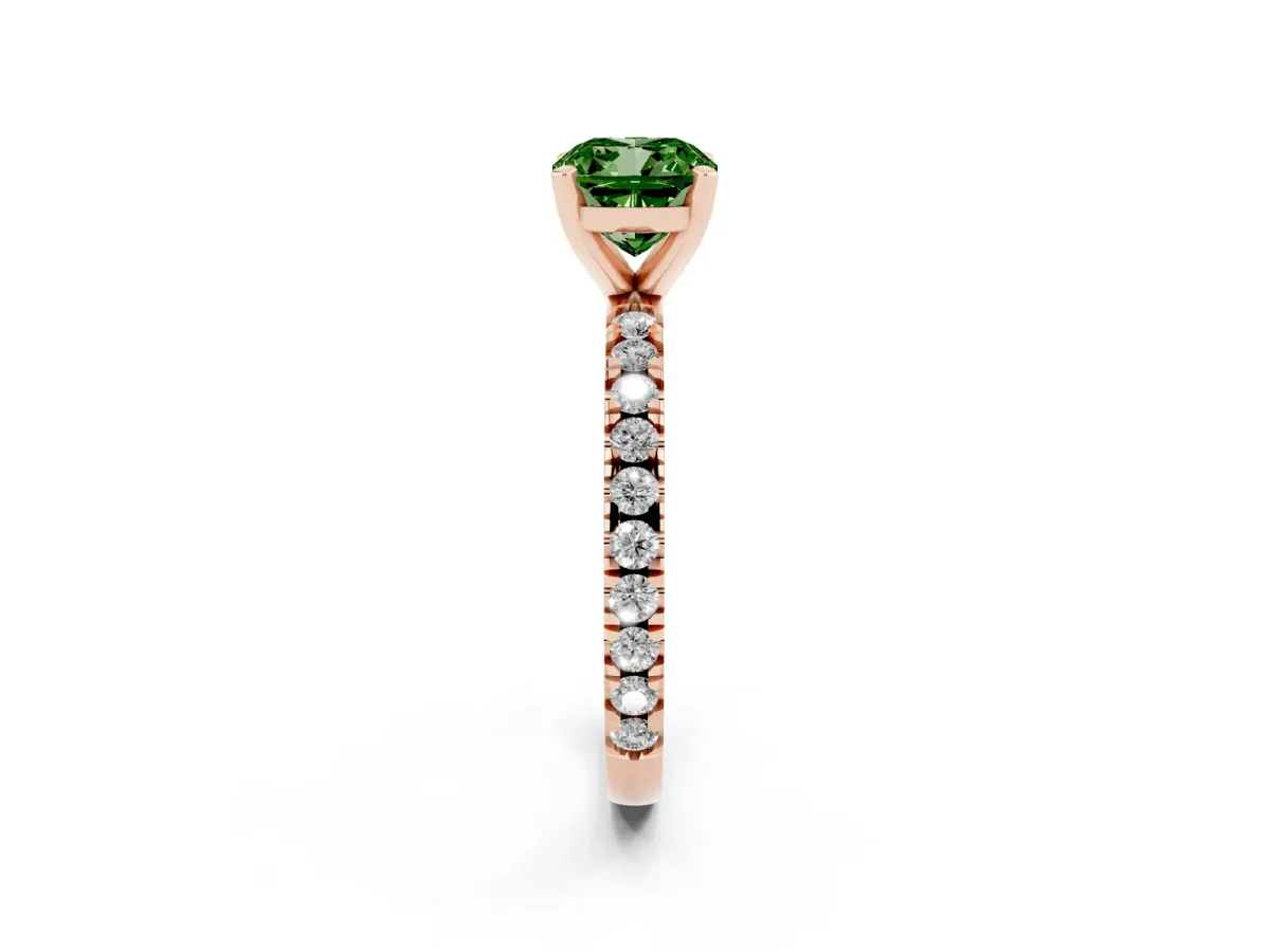 Fancy Green Cushion Cut Diamond Pavé Band Solitaire with Four-Prong Setting Rose gold