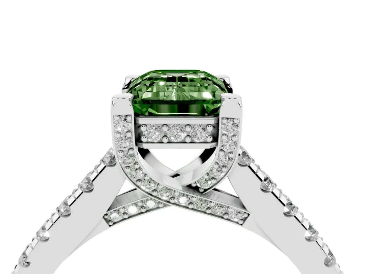 Fancy Green Emerald Cut Brilliant Diamond Solitaire with Pavé Band and Four-Prong Setting Platinum