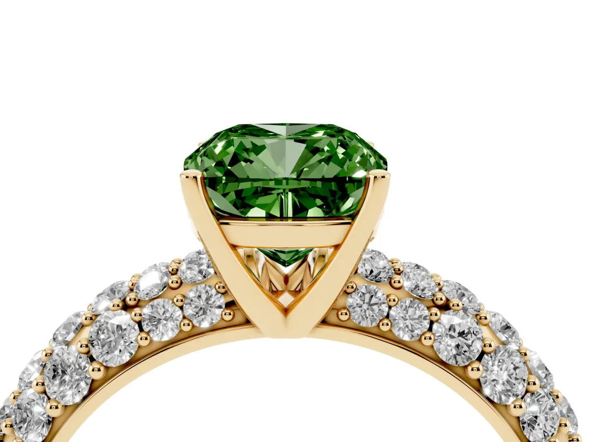 Fancy Green Cushion Cut Diamond Pavé Band Solitaire Ring with Four-Prong Setting Yellow gold