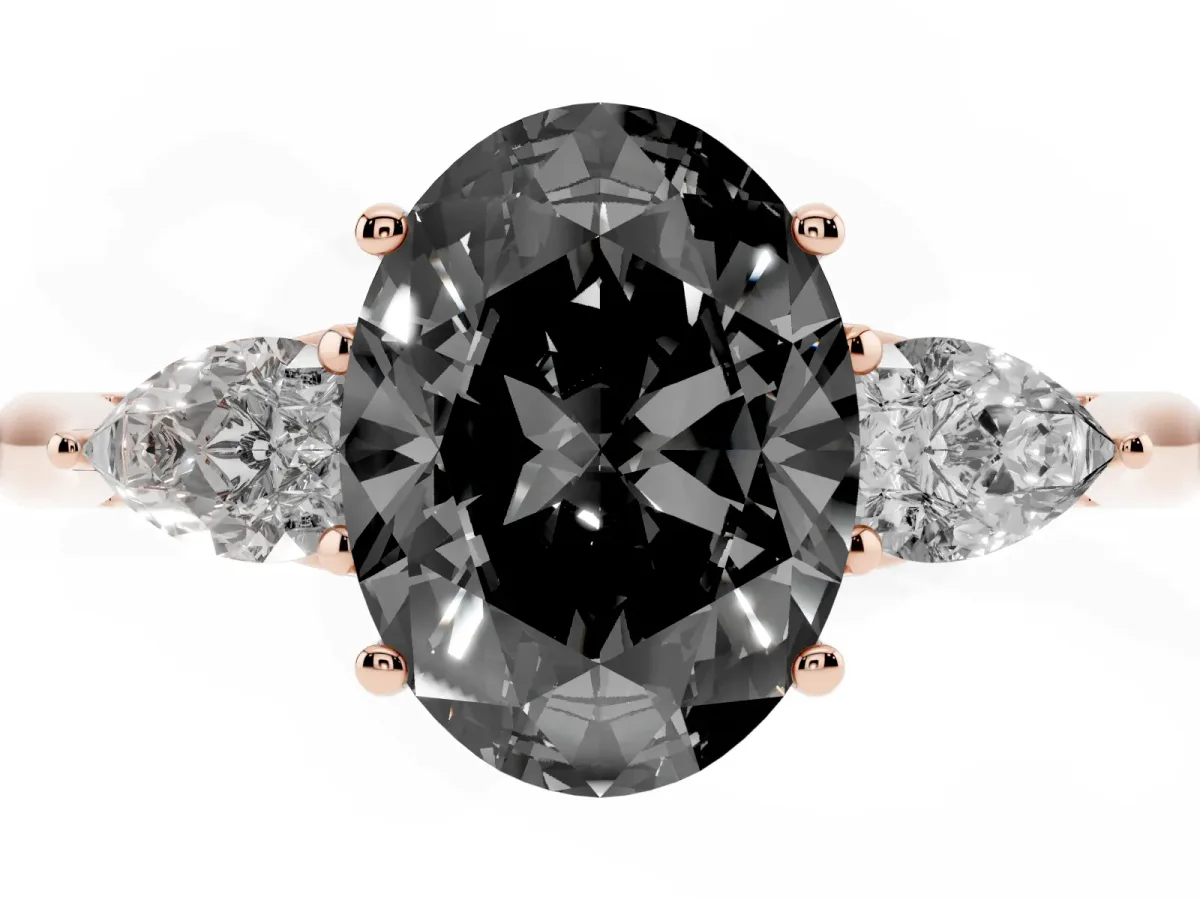 Fancy Black Three-Stone Oval Cut Brilliant Diamond Solitaire Ring with Tapered Band and Four-Prong Setting Rose gold