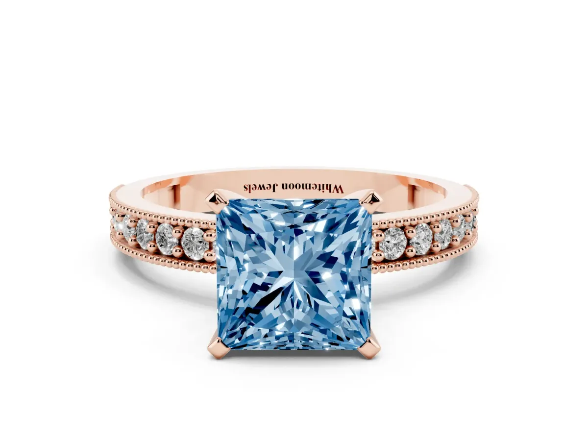 Fancy Blue Princess Cut Diamond Milgrain Pavé Engagement Ring with Four-Prong Setting Rose gold