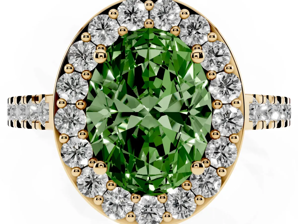 Fancy Green Oval Cut Diamond Halo Ring with Round Pavé Split Shank and Prong Setting Yellow gold
