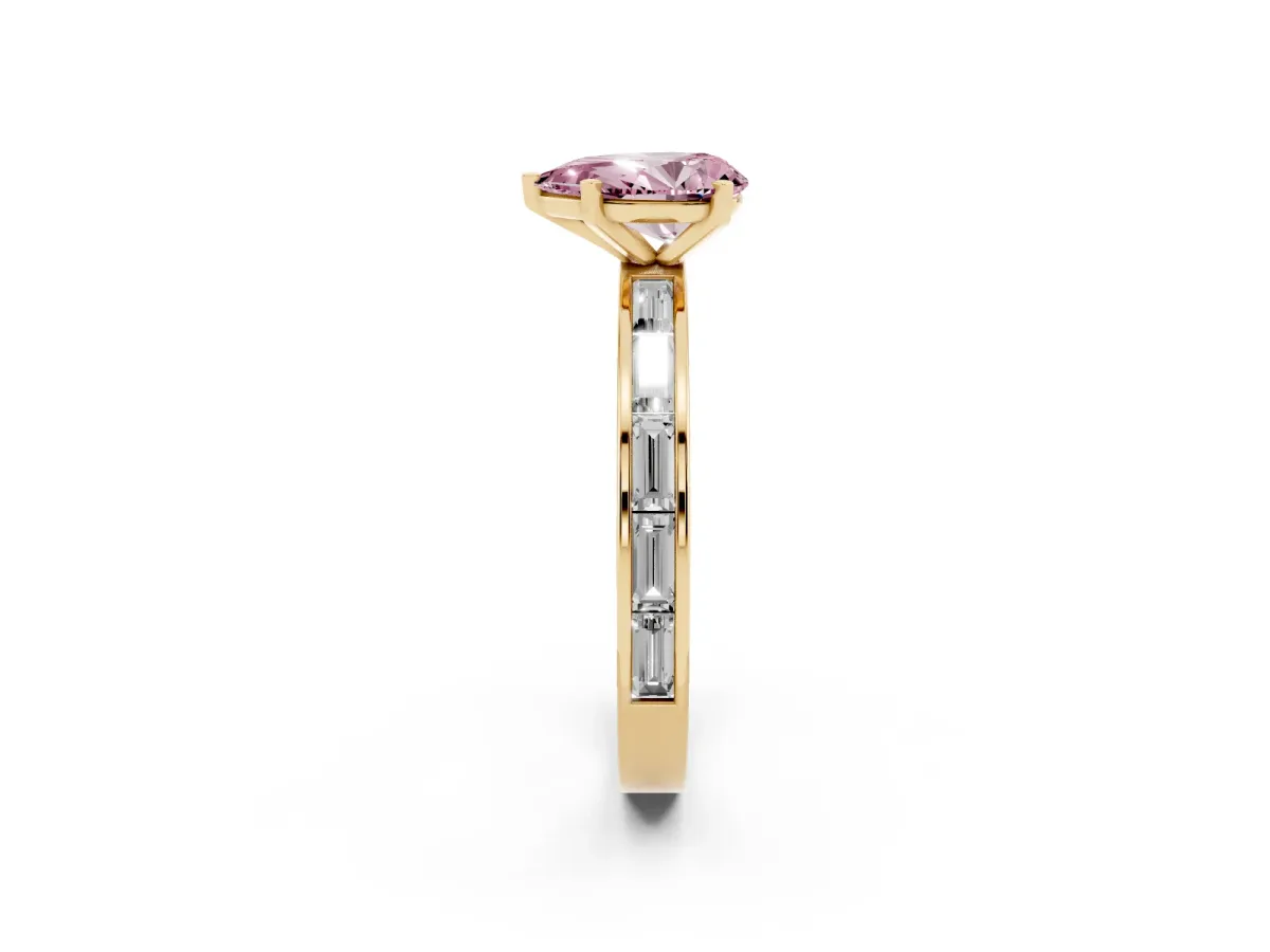 Fancy Pink Pear Cut Solitaire Diamond Ring with Channel-Set Baguette Band and Four-Prong Setting Yellow gold